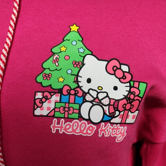 Small Hello Kitty Christmas Holiday Hoodie Womens Pink Long Sleeve Graphic Print - Picture 2 of 3
